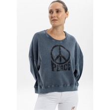 S-Ponder Kadın Peace Taş Ayrıntılı Tasarım Sweatshirt %100 Pamuklu Uzun Kollu