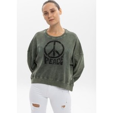 S-Ponder Kadın Peace Taş Ayrıntılı Tasarım Sweatshirt %100 Pamuklu Uzun Kollu