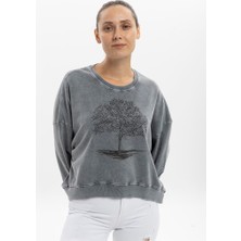 S-Ponder Kadın Hayat Ağacı Taş Ayrıntılı Tasarım Sweatshirt %100 Pamuklu Uzun Kollu