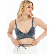 S-Ponder Kadın Kruvaze Bağlama & Kuşgözü Detaylı Yıkamalı Crop %100 Pamuk