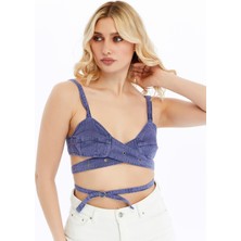 S-Ponder Kadın Kruvaze Bağlama & Kuşgözü Detaylı Yıkamalı Crop %100 Pamuk