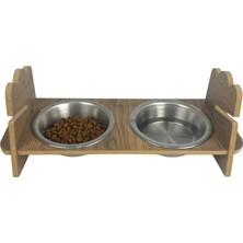 Sennedilersen Kahve İkili Ahşap Kedi Mama ve Su Kabı 200 ml Çelik Taslı Ergonomik Tasarım