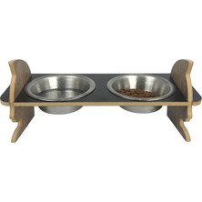 Sennedilersen Siyah Ahşap Demonte Iki Çelik Taslı Kedi Mama ve Su Kabı