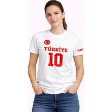 3 Kadın Türkiye Ay Yıldız Baskılı 10 Numara Forma Tişört Taraftar T-Shirt - Beyaz