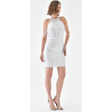Hanife Glam Couture Hanife  Glam Halter Yaka Taş Tasarımlı Saçaklı Pul Payet Mini Elbise