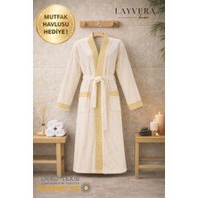 Layvera Erkek+Kadın Bornoz Greek %100 Pamuk Bornoz | Desenli-Krem-Cepli-Erkek-Kadın