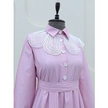 Moda Morfo Organze Gömlek Yaka Çizgili Kuşaklı Elbise -Pembe