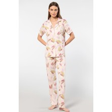 Türen Yaprak Desenli Kisa Kollu Gömlek Yaka Pijama Takimi 3355/PUDRA