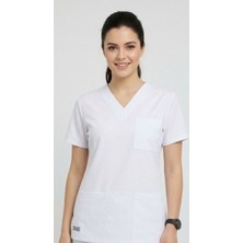 Stılmed Tek Üst Beyaz Unisex Doktor ve Hemşire Forması Scrubs Likralı Yarasa Kol