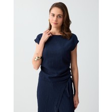 Jimmy Key Lacivert Dar Kesim Kayık Yaka Kolsuz Çizgili Örme Bluz