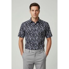 Sabri Özel Giotelli Haki Desenli %98 Pamuk Kısa Kol Klasik Yaka Erkek Gömlek