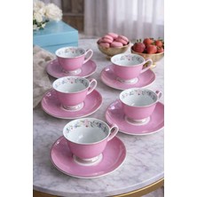 Rossev Porselen Türk Kahve Fincanı 6 Kişilik 12 Parça Ruby Pembe