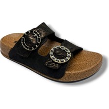 Mollis 500-26 Simli Çizgi Bakı Deri Çift Tokalı Soft Kadın Terlik