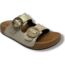 Mollis 500-26 Simli Çizgi Bakı Deri Çift Tokalı Soft Kadın Terlik