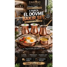 Zakodo Bakır Kahvaltı Mutfak Seti - 5 Parça El Dövme(Sahan Tava-Cezve-Sosluk-Ayran Bardakları)