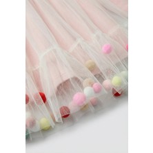 Magu Kız Çocuk Pamuklu Pudra Tüllü Ponpon Detaylı Uzun Kollu Elbise