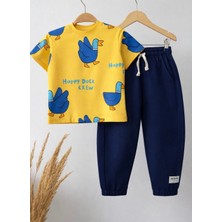 Magu Erkek Çocuk Pamuklu Bej Ördek Desenli T-Shirt Takım - Lacivert Eşofman 2'li Set