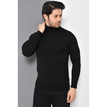 Tena Moda Erkek Siyah Tam Balıkçı Yaka Triko Kazak Uzun Kol Düz Desenli