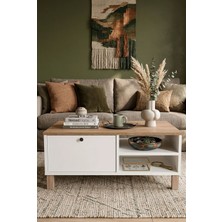 Robin Home Alaska Orta Sehpa Ahşap Ayaklı Kapaklı Sepet-Beyaz