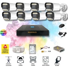Qromax 8 Kameralı Set - Yapay Zeka Özellikli Gece Renkli Gösteren 5MP SONY Lensli 12 Warm Ledli FULLHD Güvenlik Kamerası Seti 312W-9008