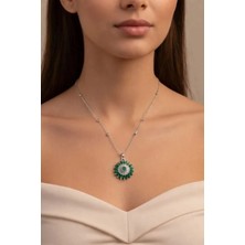 Gümüş Renk Yeşil Taş Güneş Model Top Zincir Çelik Kolye