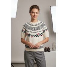 Rosa By Belle Kadın Ekru Desenli Yün Kazak Çiçek Işlemeli