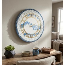 Duvar Saati - 35CM - Modern Dekoratif Duvar Saati - Epoksi Duvar Saati - El Yapımı Duvar Saati - Gold - Beyaz - Mavi Şık Duvar Saatleri