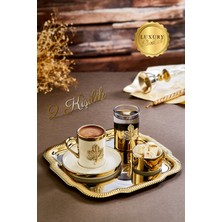 Belirtilmemiş Tepsili Gold Porselen Yaprak Detaylı Fincan Sunum Seti-Söz Nişan Kahve Fincanı 2 Kişilik