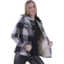 Exve Exclusive Siyah Gri Ekose Kareli Içi Kürklü Çift Göğüs Cepli Kadın Rahat Bol Kesim Kapüşonlu Ceket Gömlek