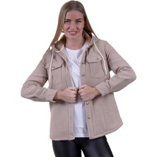 Exve Exclusive Bej Sade Içi Kürklü Çift Göğüs Cepli Kadın Rahat Bol Kesim Kapüşonlu Ceket Gömlek