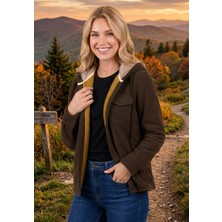 Exve Exclusive Kahverengi Sade Içi Kürklü Çift Göğüs Cepli Kadın Rahat Bol Kesim Kapüşonlu Ceket Gömlek