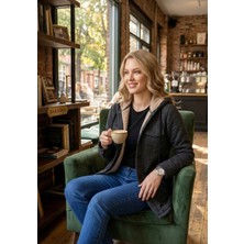 Exve Exclusive Antrasit Koyu Gri Sade Içi Kürklü Çift Göğüs Cepli Kadın Rahat Bol Kesim Kapüşonlu Ceket Gömlek