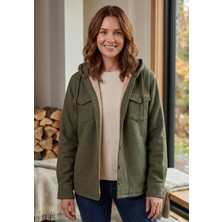 Exve Exclusive Haki Yeşil Sade Içi Kürklü Çift Göğüs Cepli Kadın Rahat Bol Kesim Kapüşonlu Ceket Gömlek
