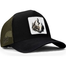 BlackBörk Trucker Şapka Siyah-Haki Renk ve Kurt Logosu ile Standart Beden Erkekler İçin