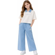 İrem Çocuk Giyim Kız Çocuk Anywhere Yazılı Kot Yakalı Tişört Kot Pantolon Oversize Kalıp İkili Takımı