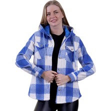 Exve Exclusive Mavi Beyaz Ekose Kareli Içi Kürklü Çift Göğüs Cepli Kadın Rahat Bol Kesim Kapüşonlu Ceket Gömlek