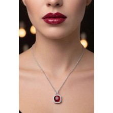 Gümüş Renk Kare Bordo Taş Sf Zincir Çelik Kolye