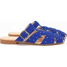 Ne&Ve Shoes Mavi Süet Pim Detaylı ve Tokalı Kadın Kare Burun Sabo Terlik