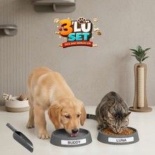 LE Paris Kedi Köpek Için 3'lü Mama ve Su Kabı + Kürek | Isim Yazılabilir Etiketli, Pati Desenli Mama Kabı