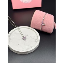 Alsem Gümüş Kaplama Kalp Işlemeli Fiyonk Kolye ve Bileklik Seti , Pembe Kurdele Kolye Bileklik Seti