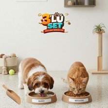 LE Paris Kedi Köpek Için 3'lü Mama ve Su Kabı + Kürek | Isim Yazılabilir Etiketli, Pati Desenli Mama Kabı