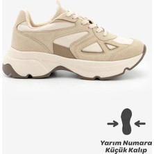 Marjin Kadın Sneaker Yüksek Kalın Taban Çok Parçalı Bağcıklı Spor Ayakkabı Vader Bej Süet