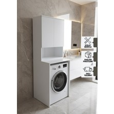 Karen Banyo Tuna Çamaşır Makinesi Dolabı, Alt Üst Set, Kapaklı, Banyo Dolabı Beyaz