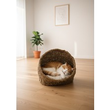 Karen Banyo Oval Gölgelikli Hasır Kedi ve Köpek Yatağı, Kedi Evi Örme Sepet Minder Dahil