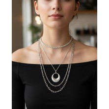 Vintage Takı 4'lü Kombin Kalın Zincirli Gümüş Rengi Kolye / Silver Kombin Choker