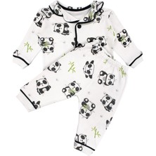 by BebekOdam Unisex Ekru Siyah Panda Desenli Kruvaze Yaka Pijama Takımı