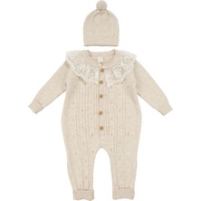 by BebekOdam Kız Bebek Bej Fistolu Yakalı Bereli Triko Lüks Tulum - 1016520