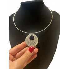 Vintage Takı Gümüş Kaplama Antik Desenli Oval Tasarım Choker Kolye