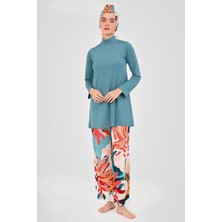 Alfasa Kadın Tam Kapama Fermuarlı Desenli Su Itici Özelliği 5 Parça Beli Lastikli Paraşüt Kumaş Tesettür Mayo