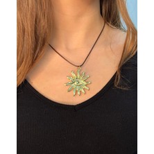 Vintage Takı Altın Rengi Gold Güneş Kolye Kahverengi Ipli